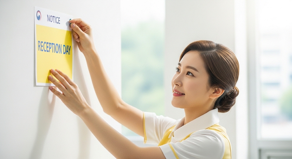 접수 요일 안내문을 벽에 붙이는 직원