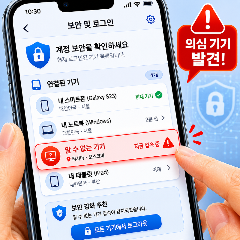alt="스마트폰 보안 설정 화면에서 로그인 기기 관리와 2단계 인증 설정을 확인하는 화면 예시"