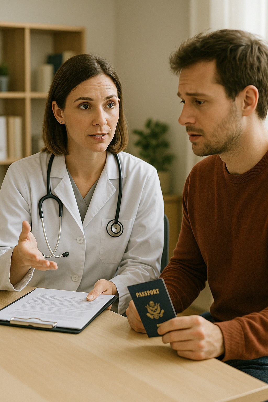 병원에서 상담 중인 외국 여행자