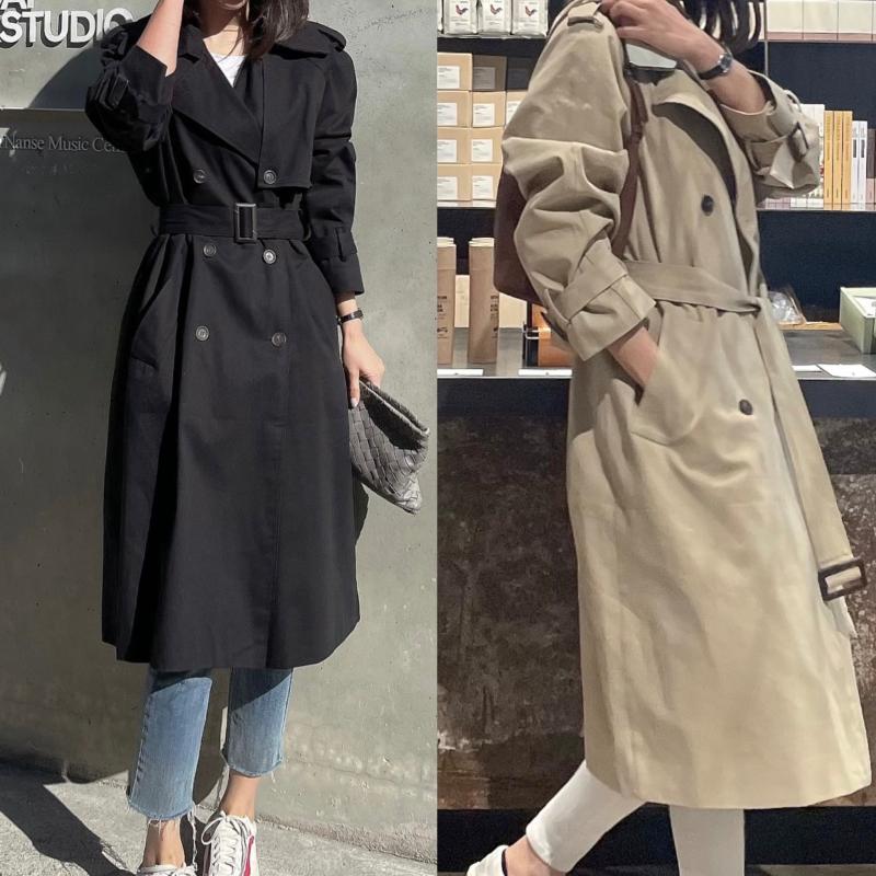 여성 면 바바리 롱 트렌치 코트 봄코트