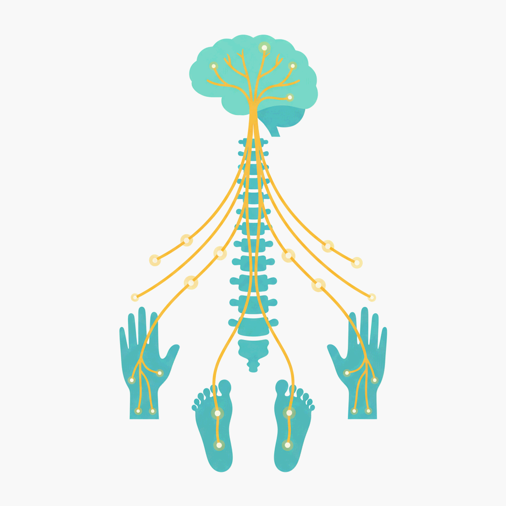 손과 발의 감각이 전해지는 신경의 원리를 상징적으로 표현한 일러스트레이션