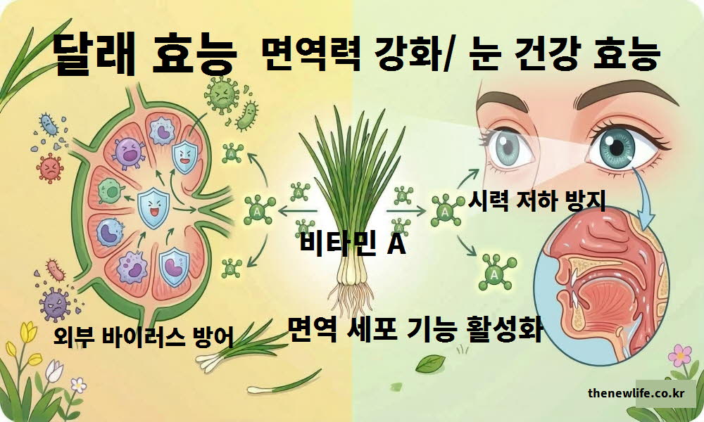 달래 효능이 면역력 강화와 눈 건강에 도움 되는 것을 설명하는 이미지