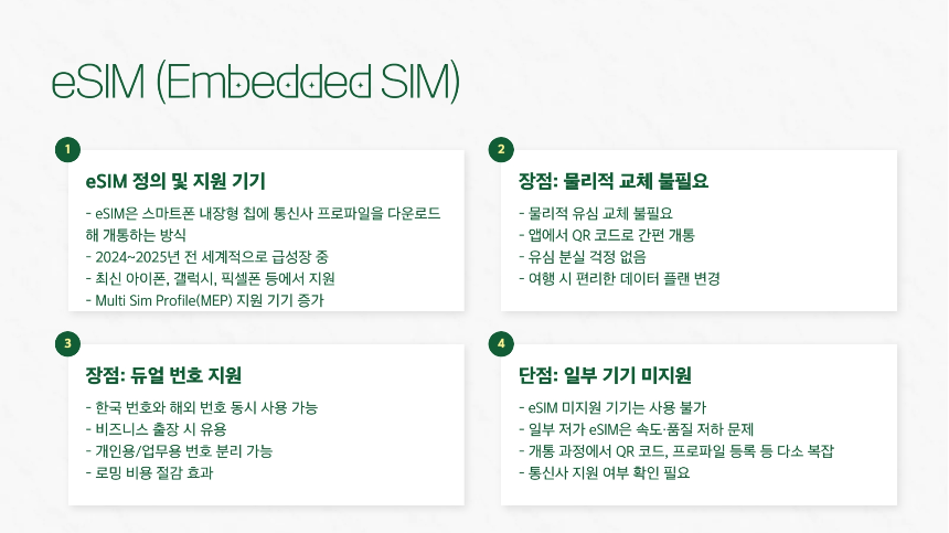 2025년 데이터 로밍 vs 유심 vs eSIM 비교 : 가격&middot;속도&middot;추천 상황 총정리