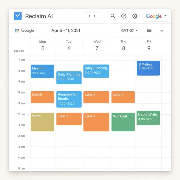 Reclaim 앱의 캘린더 인터페이스 예시