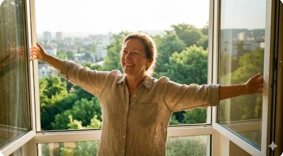 아침 창가 기지개 켜는 여성