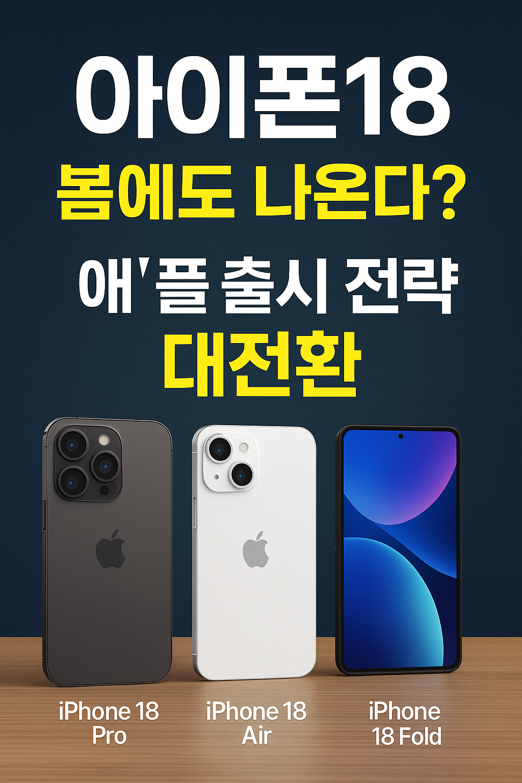 애플스토어에서 새로운 아이폰18 프로, 에어2, 폴더블 모델을 전시한 장면을 나타낸 인포그래픽 이미지