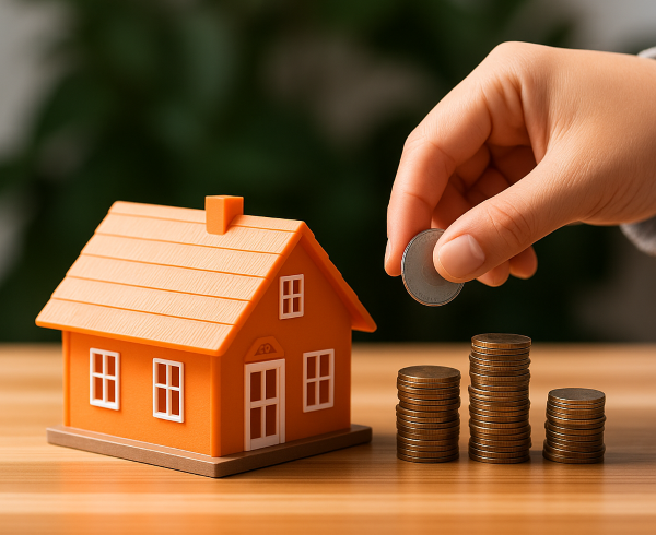 주황색 모형 주택과 동전 더미 옆에 손이 동전을 쌓고 있는 모습, 재산세를 상징하는 이미지