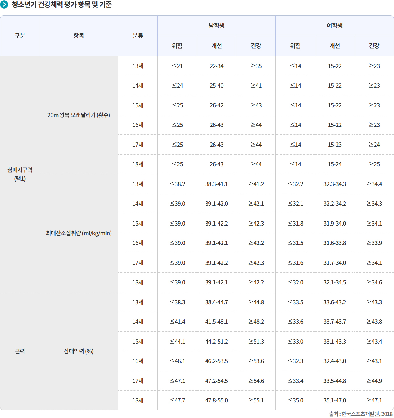 국민체력100, 건강체력기준, 튼튼머니, 청소년기 건강체력 평가 항목