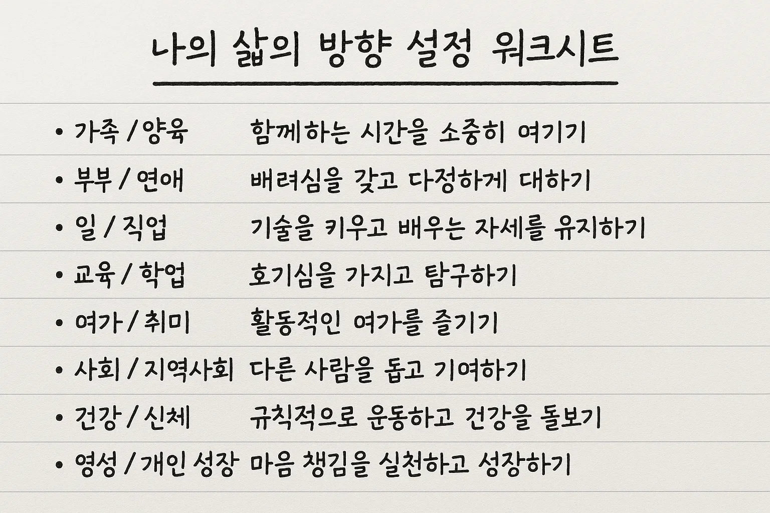 삶의 방향 설정 워크시트 - 가족, 연애, 일, 교육, 건강 등 핵심 가치에 기반한 실천 목표 정리