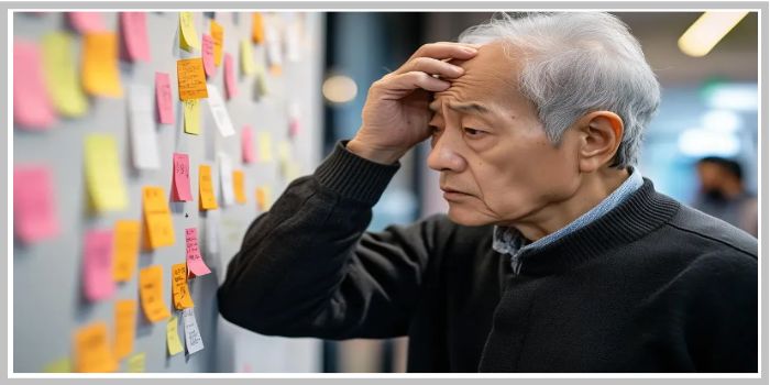 다양한 포스트잇을 바라보며 기억을 더듬는 표정의 노인
