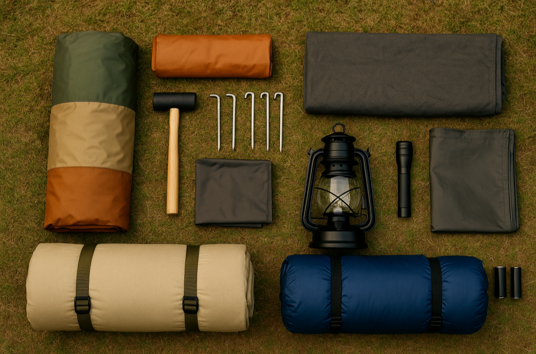 텐트, 침낭, 랜턴 등 캠핑 초보를 위한 필수 준비물이 한눈에 보이는 구성