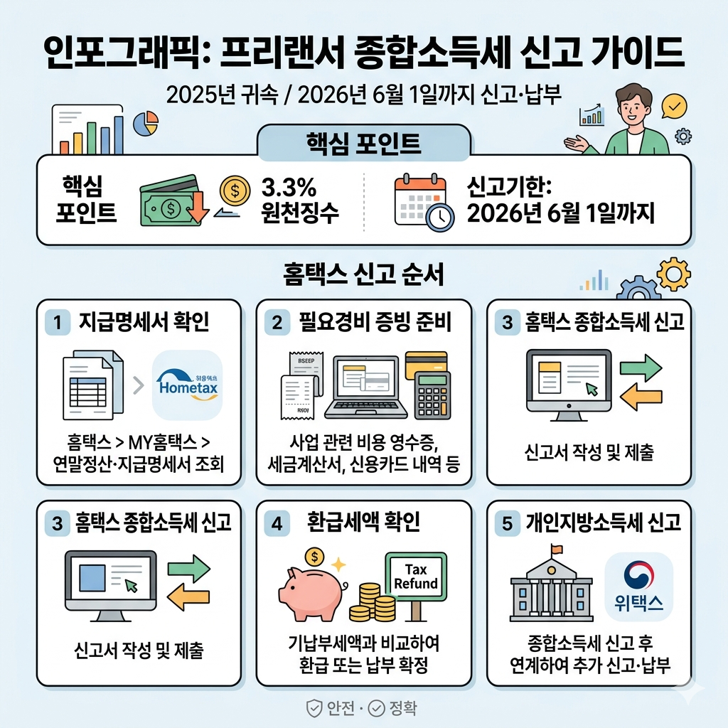 프리랜서 종합소득세 신고방법|3.3% 환급·경비처리·홈택스 신고 인포그래픽