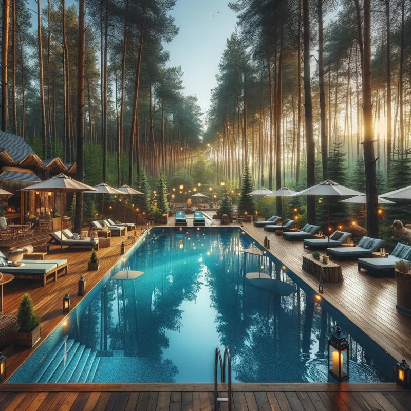 A scenic outdoor swimming pool at a forest campsite, 캠핑장 수영장