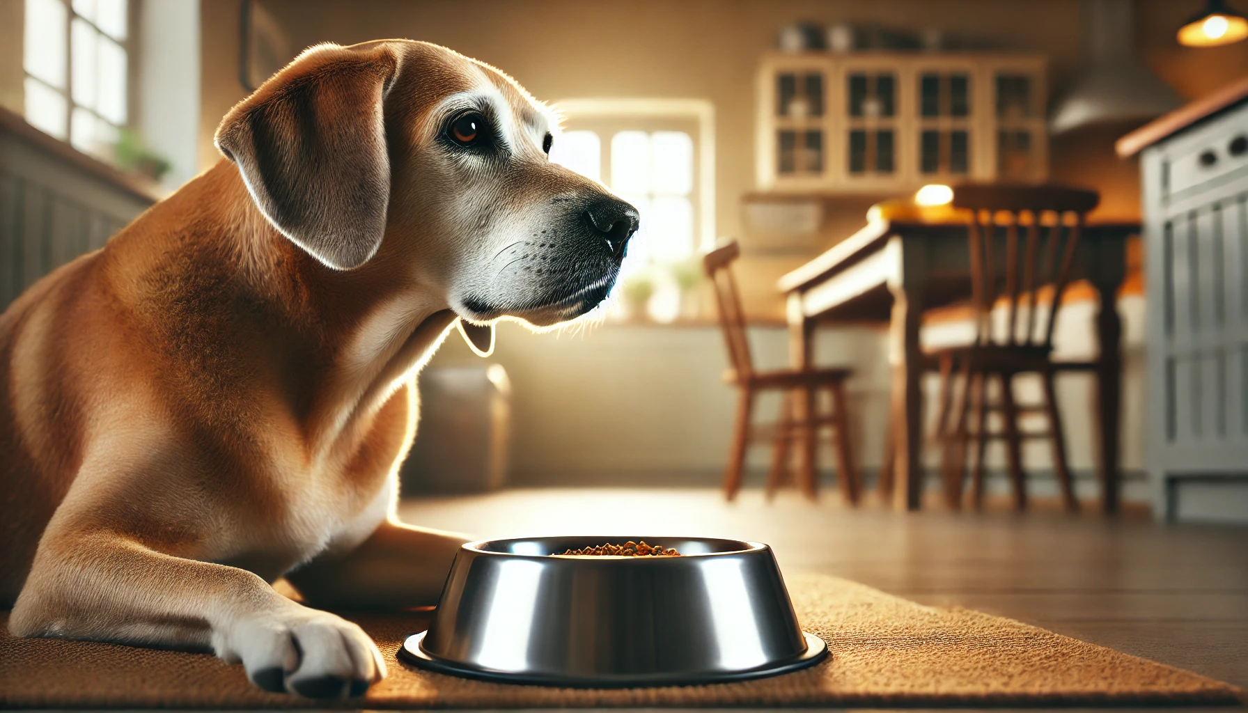 사료앞에 앉아있는 반려견 그림