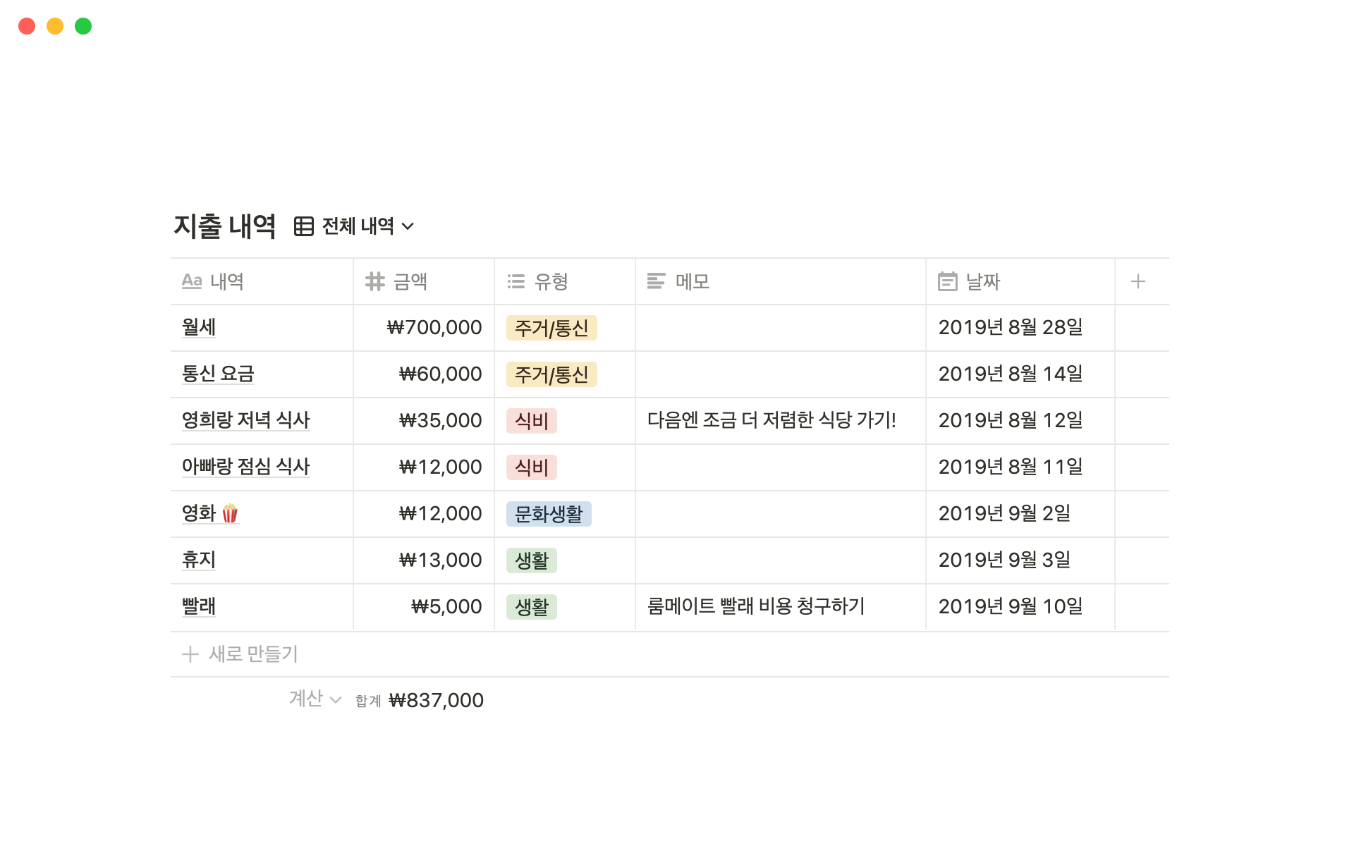 가계부노션 템플릿
