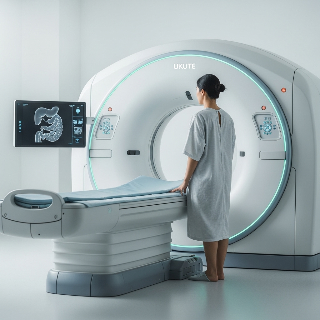 2025년 개정된 복부 CT 검사 전 체크리스트를 확인하는 환자와 현대적인 CT 스캐너의 모습