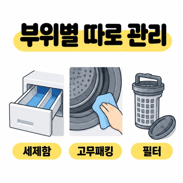 부위별 따로 관리 제목 아래 세제함과 고무패킹을 닦는 모습 및 분리된 필터를 이름과 함께 묶은 삽화