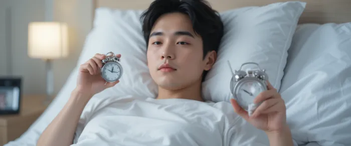 위내시경 금식시간을 놓치지 않기 위해 침대에서 알람을 설정하는 남성