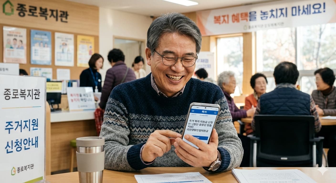휴대폰으로 자신에게 딱 맞는 정부지원금 혜택 안내를 확인하고 환하게 웃으며 기뻐하는 중장년 남성의 모습