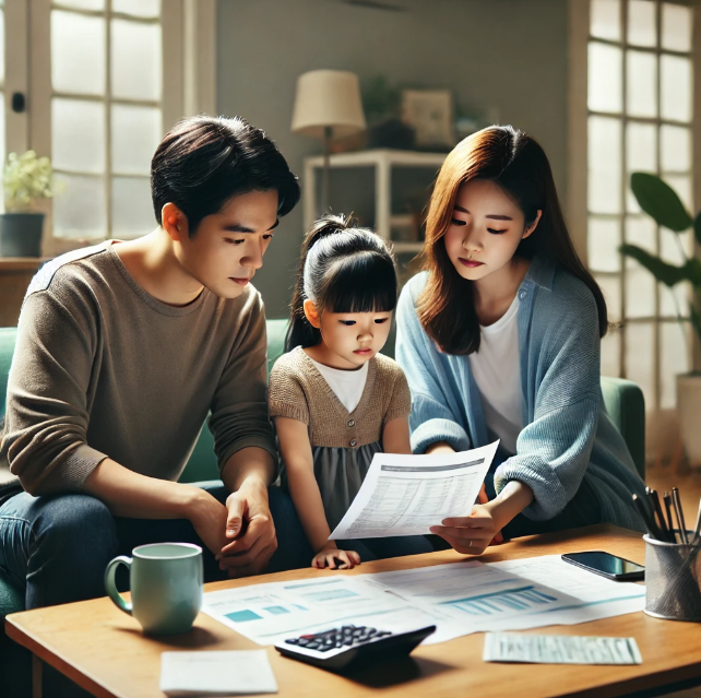 가족이 집에서 함께 재무계획을 세우는 모습