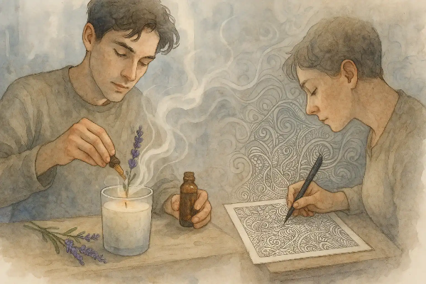 아로마테라피와 만다라 드로잉으로 집중하는 두 사람