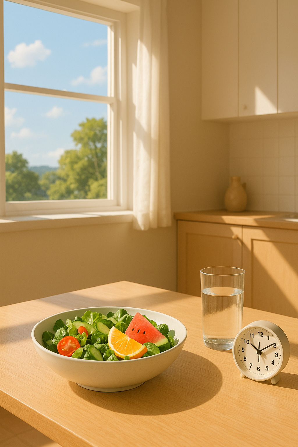 여름 햇살이 비치는 밝은 주방에서 시원한 샐러드와 과일이 담긴 하나의 그릇이 테이블 위에 놓여있고, 옆에는 투명한 물잔과 시계가 있어 1일 1식을 상징하는 모습