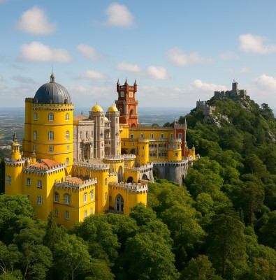 울창한 숲 위 언덕에 자리한 신트라의 페나 궁전과 무어인의 성 모습