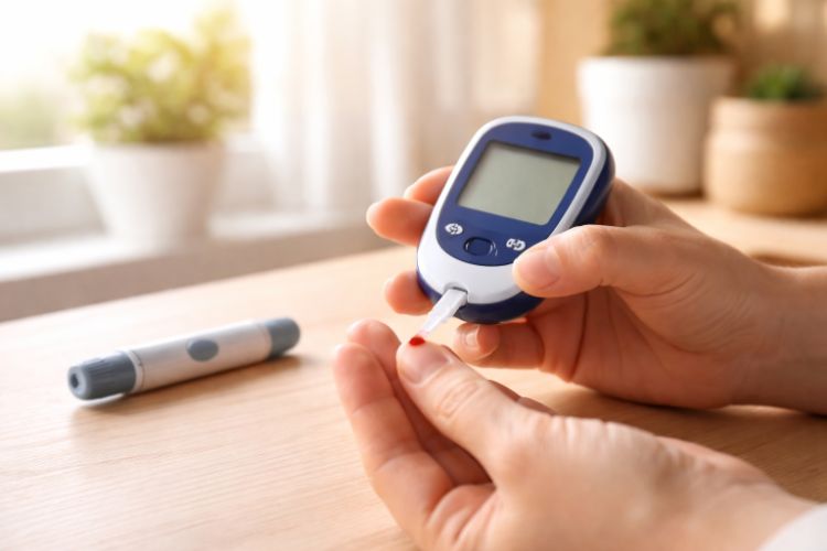 아침 공복혈당 측정을 위한 혈당측정기 사용 모습