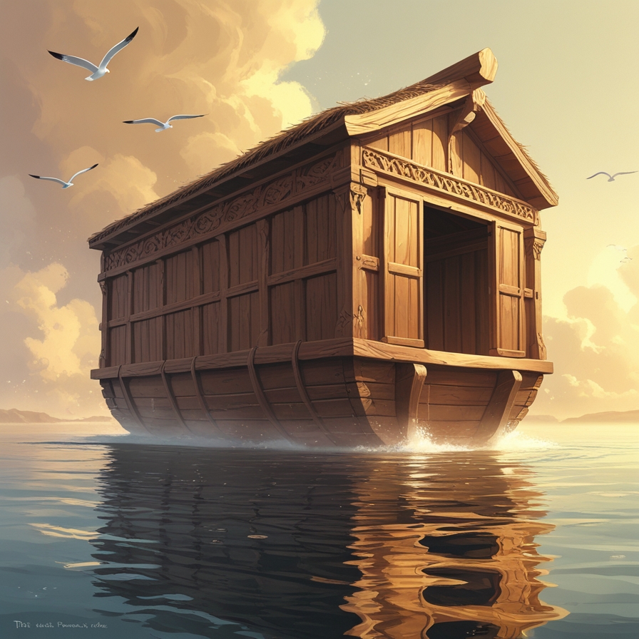 항해용 배가 아닌 부유 구조물로서 물 위에 안정적으로 떠 있는 노아의 방주 모습