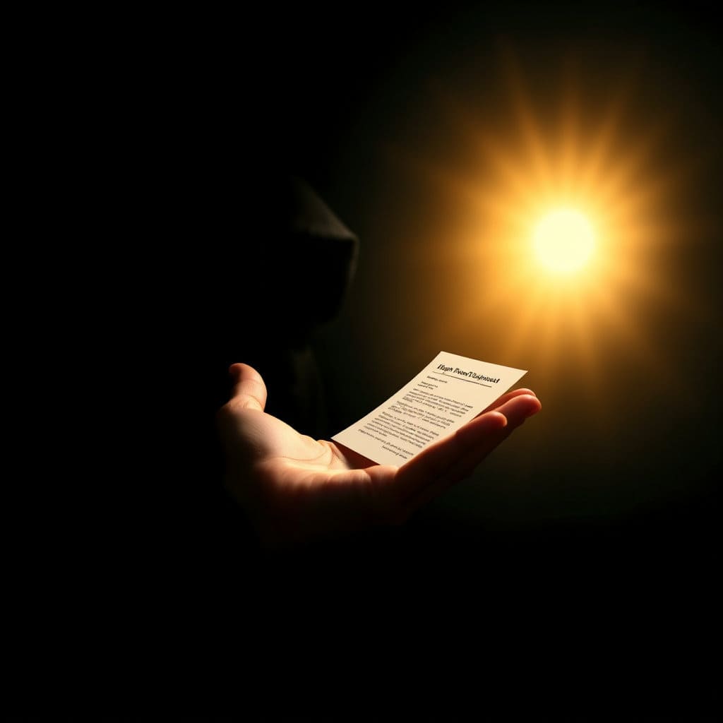 어둠 속에 있는 사람에게 밝은 빛과 함께 따뜻한 손이 내밀어지는 모습. 손에는 정부 지원 정책을 상징하는 문서나 희망의 메시지가 들려 있을 수 있습니다.