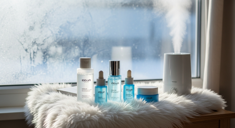 2025년 겨울철 피부 관리를 위한 보습제와 스킨케어 제품들이 따뜻한 햇살 아래 놓여 있는 아늑한 모습