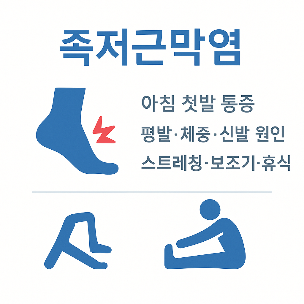 아침 첫발 통증과 평발, 체중, 신발 원인으로 발생하는 족저근막염 특징과 스트레칭 및 보조기 치료법을 담은 인포그래픽