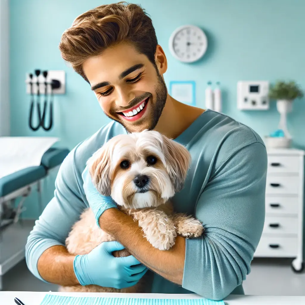 건강검진을 마친 반려견을 부드럽게 안고 안심하는 젊은 남성의 초고해상도 사진
