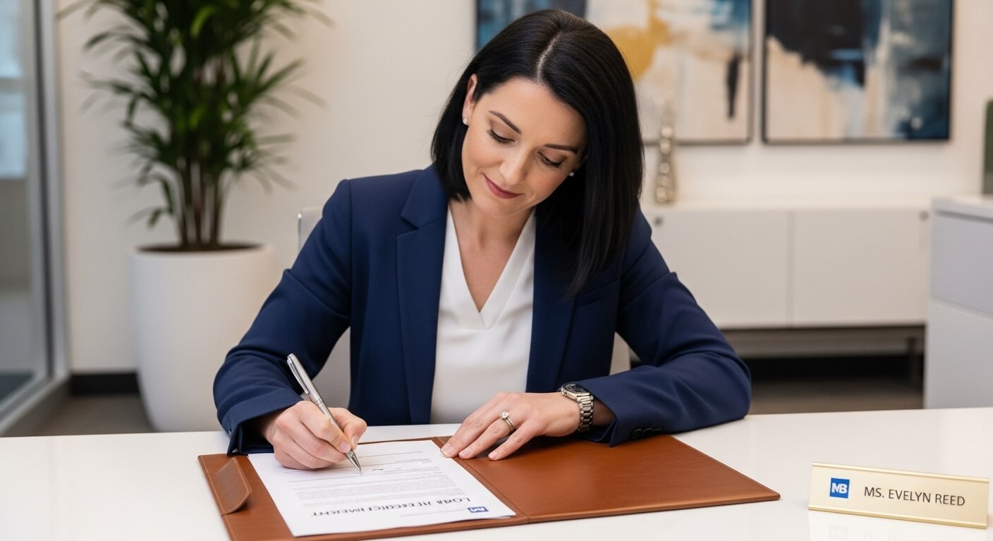 책상 위에서 대출 서류에 서명하는 여성 은행원