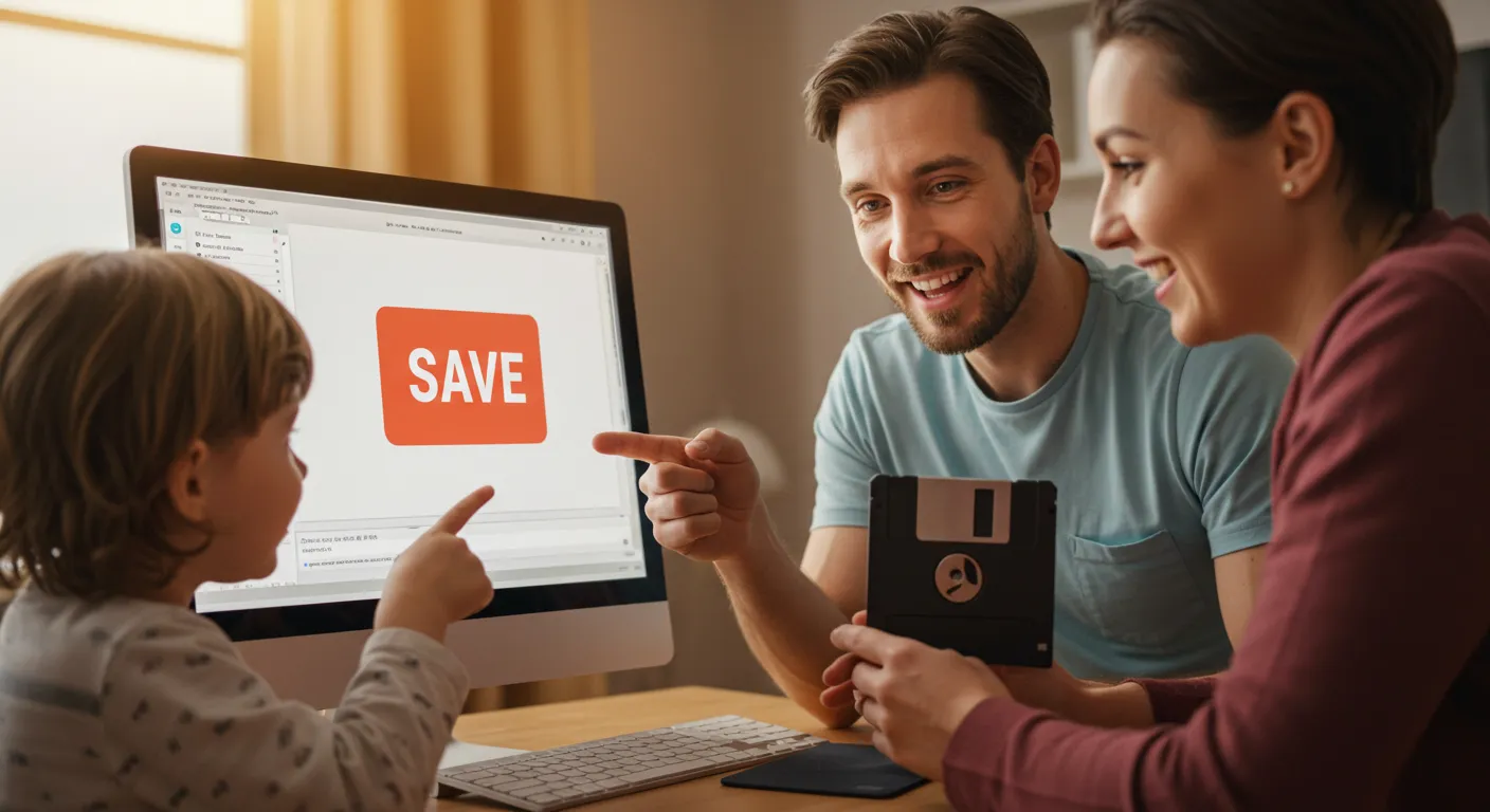 플로피 디스크 가 저장의 아이콘인 이유를 설명하는 아버지모습