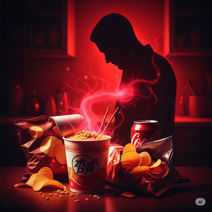 라면, 과자, 탄산음료 등 인스턴트 식품에서 붉은 기운이 뿜어져 나와 사람의 실루엣에 영향을 미치는 이미지.
