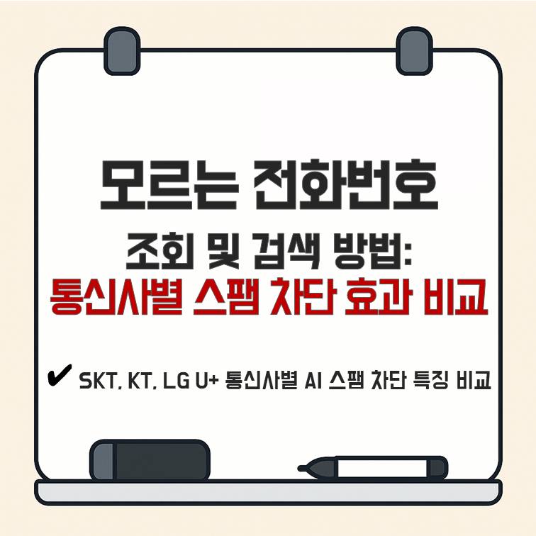모르는 전화번호 조회 및 검색 방법을 설명하며 SKT&middot;KT&middot;LGU+ 통신사별 AI 스팸 차단 효과를 비교한 대표 이미지
