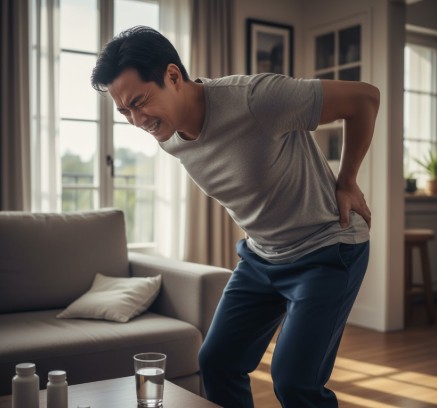 40대 남성이 허리통증 으로 아파 하고 있다