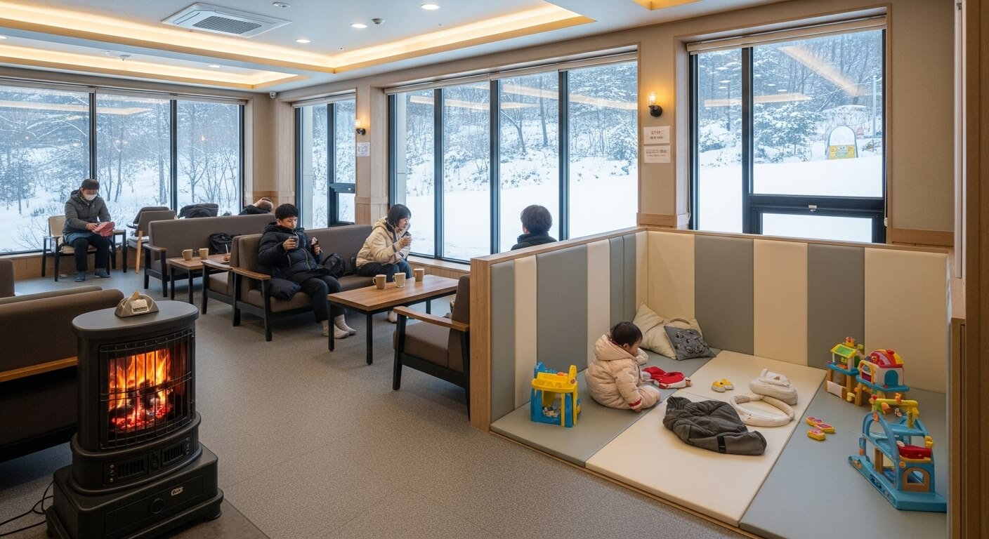 2025년 강원도 눈썰매장 내 가족 휴게 공간. 따뜻하고 아늑한 실내에서 부모들이 휴식을 취하고 있고, 아이들은 옆쪽의 안전한 놀이 공간에서 놀고 있다. 큰 창밖으로는 설경이 보인다.