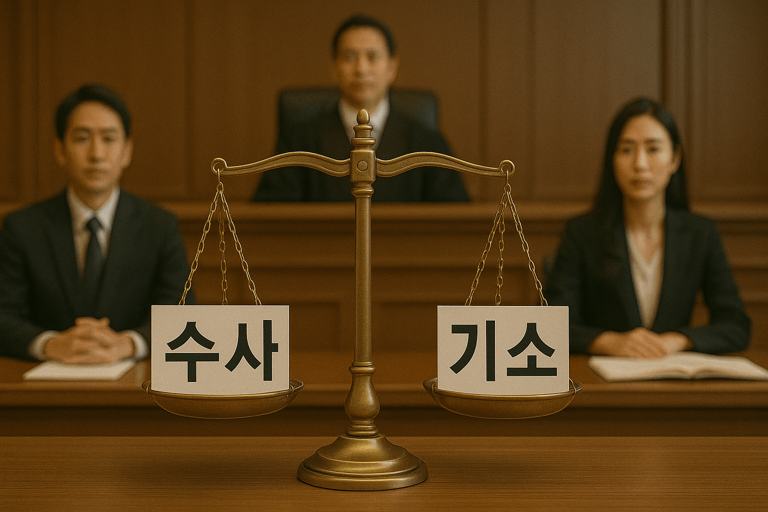 대한민국 법정 안에서 &lsquo;수사&rsquo;와 &lsquo;기소&rsquo;라고 적힌 저울이 균형을 이루는 장면 1