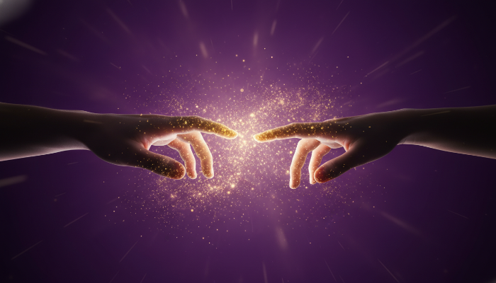 서로 닿을 듯 말 듯한 두 손과 황금빛 반짝임이 어우러진 연애 시작의 상징적 이미지