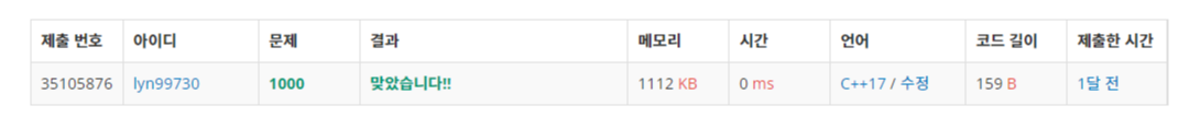 백준 BOJ 1000번 A+B 문제 C 제출 결과