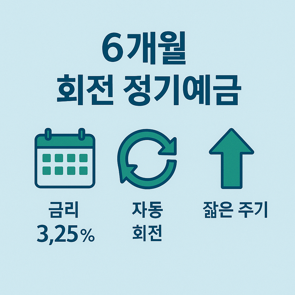 다올저축은행 6개월 회전 정기예금 안내 이미지로, 금리 3.25% 적용, 자동 회전 기능, 짧은 주기 운용이 가능한 장점을 시각적으로 보여주는 인포그래픽입니다.