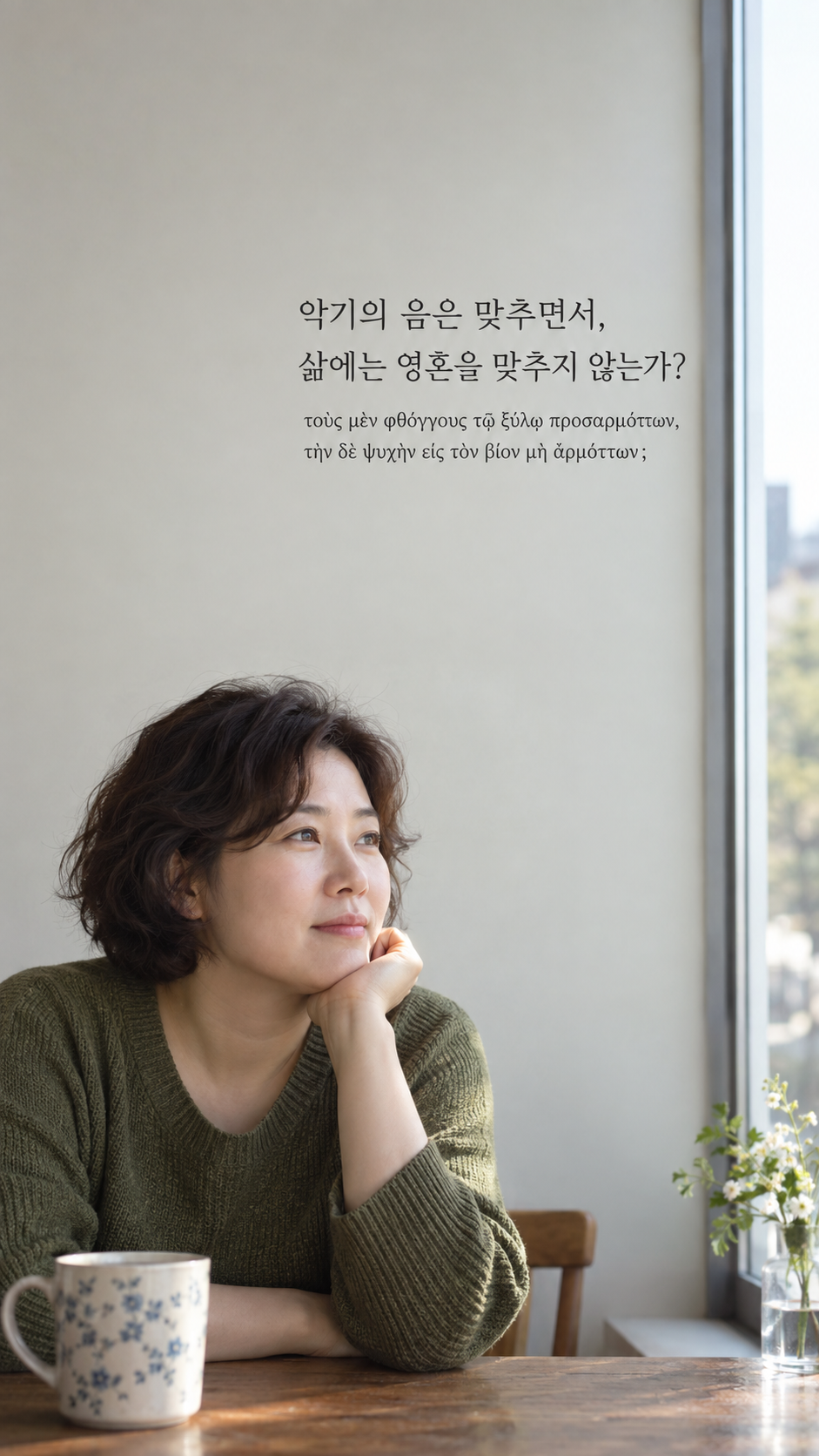 디오게네스 명언 19 악기의 음은 맞추면서, 삶에는 영혼을 맞추지 않는가? 한글과 그리스어 원문이 담긴 세로 사진