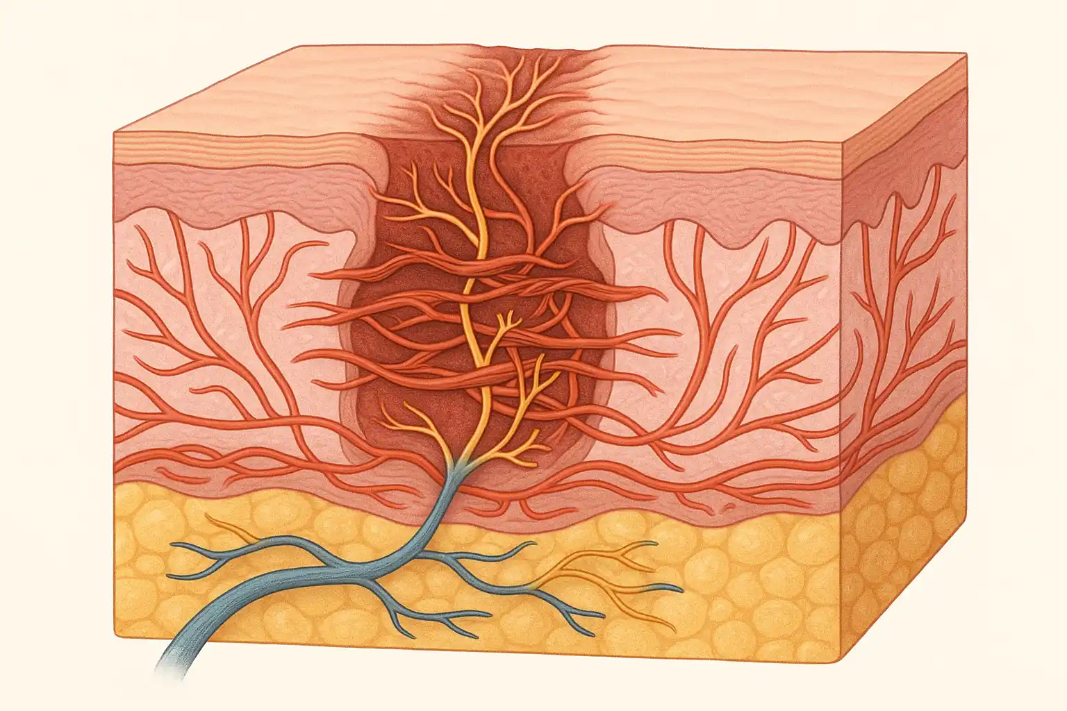 피부 단면 인포그래픽, 표피-진피-피하조직 구조, 신경 섬유가 재생되는 모습
