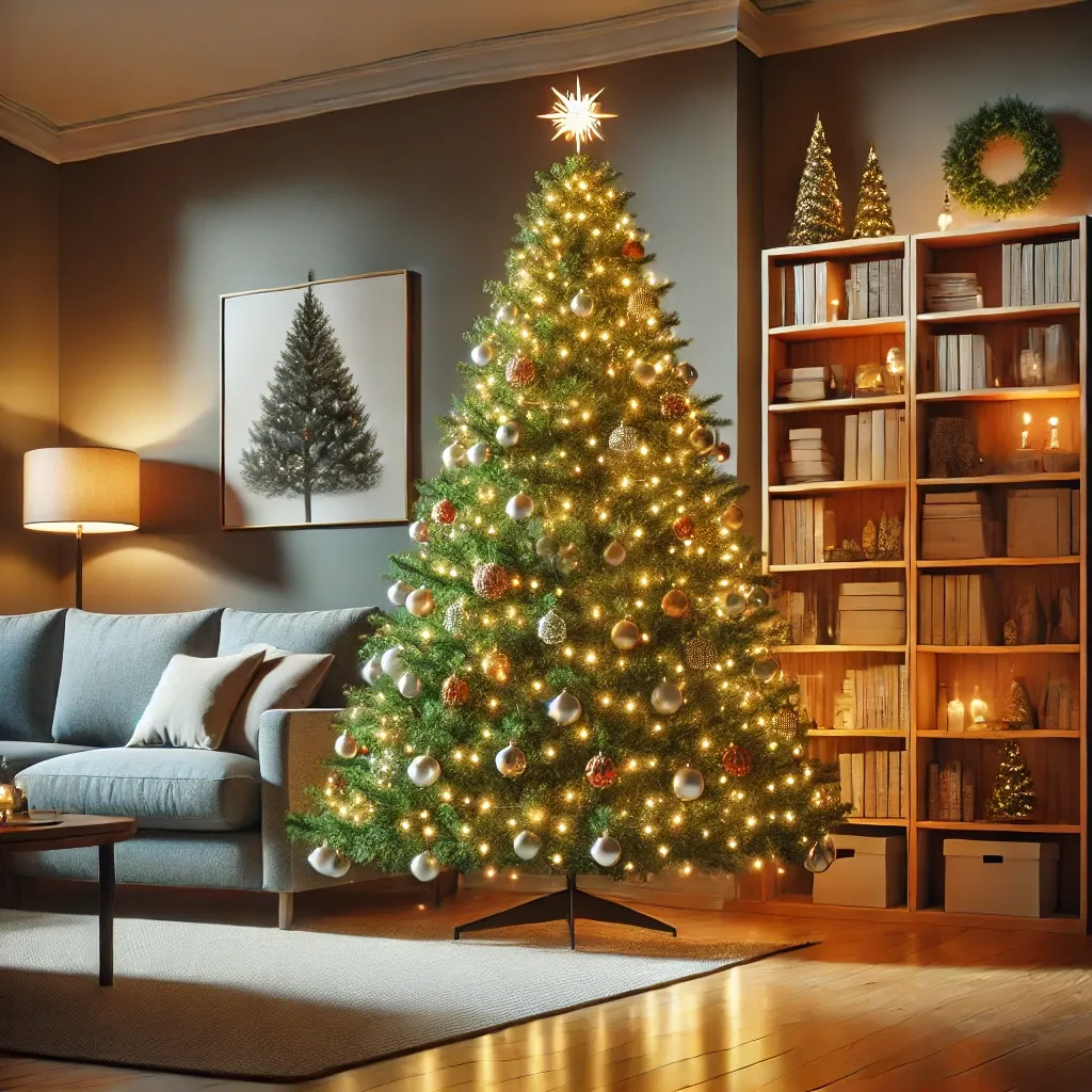 중간 크기에 내장 조명과 기본 장식을 갖춘 중가형 PE 인조 크리스마스 트리