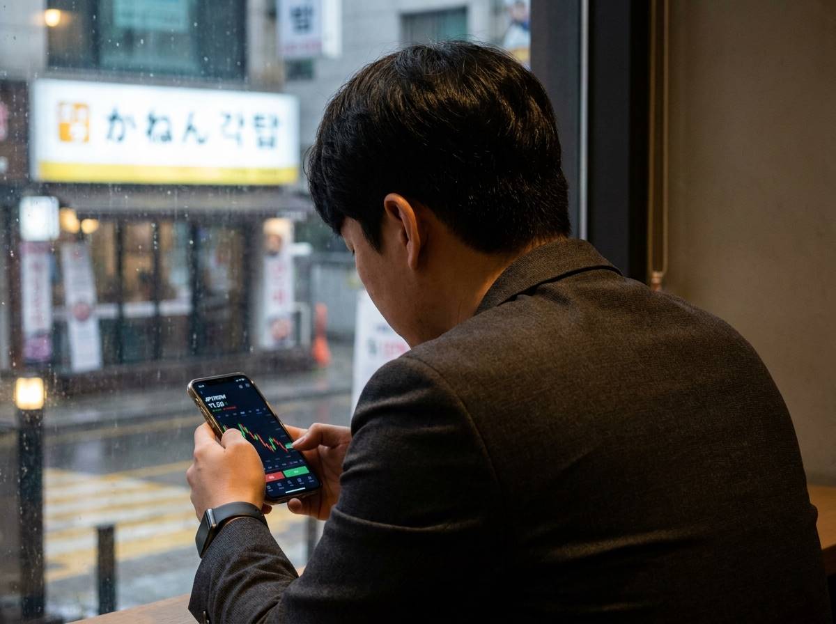 스마트폰으로 엔화 환율 차트를 확인하며 고민에 빠진 남성 투자자의 뒷모습