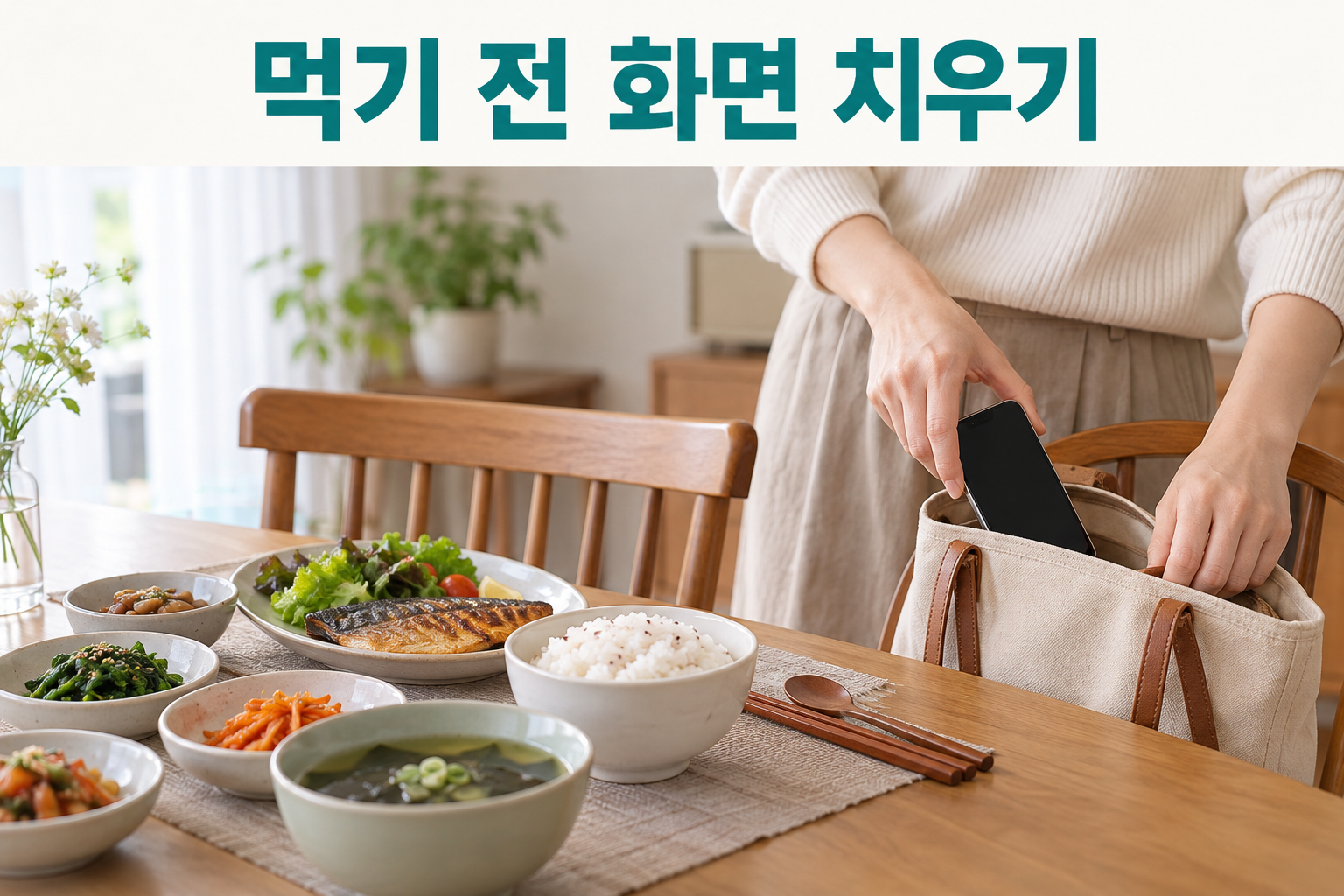 식사에 앞서 휴대전화를 가방에 넣고 식탁에 앉을 준비를 하는 모습