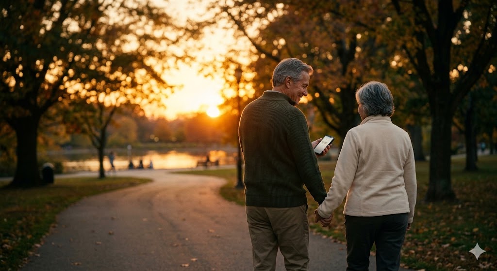노을 공원에서 아내와 산책하며 미소 짓는 아빠의 행복한 실루엣