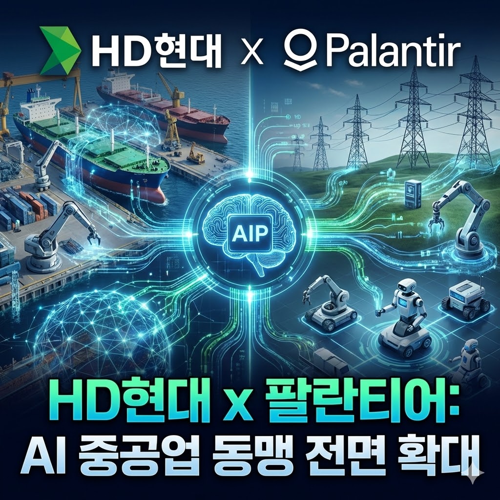 HD현대의 조선·해양 산업과 팔란티어의 전력·로봇 기술이 중앙의 AIP(인공지능 플랫폼)를 통해 디지털 데이터로 연결된 모습을 시각화하여, 두 기업의 'AI 중공업 동맹 전면 확대'를 알리는 미래지향적인 1:1 비율의 인포그래픽 썸네일 이미지